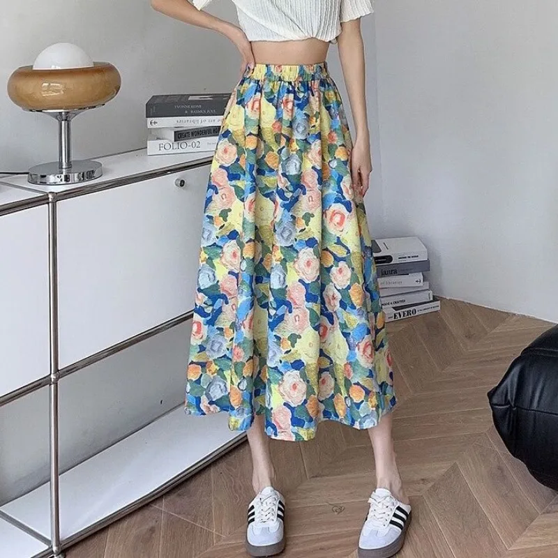 

Womens High Waist Floral Print Maxi Skirt Elastic Waist A Line Flowy Casual Beach Skirt