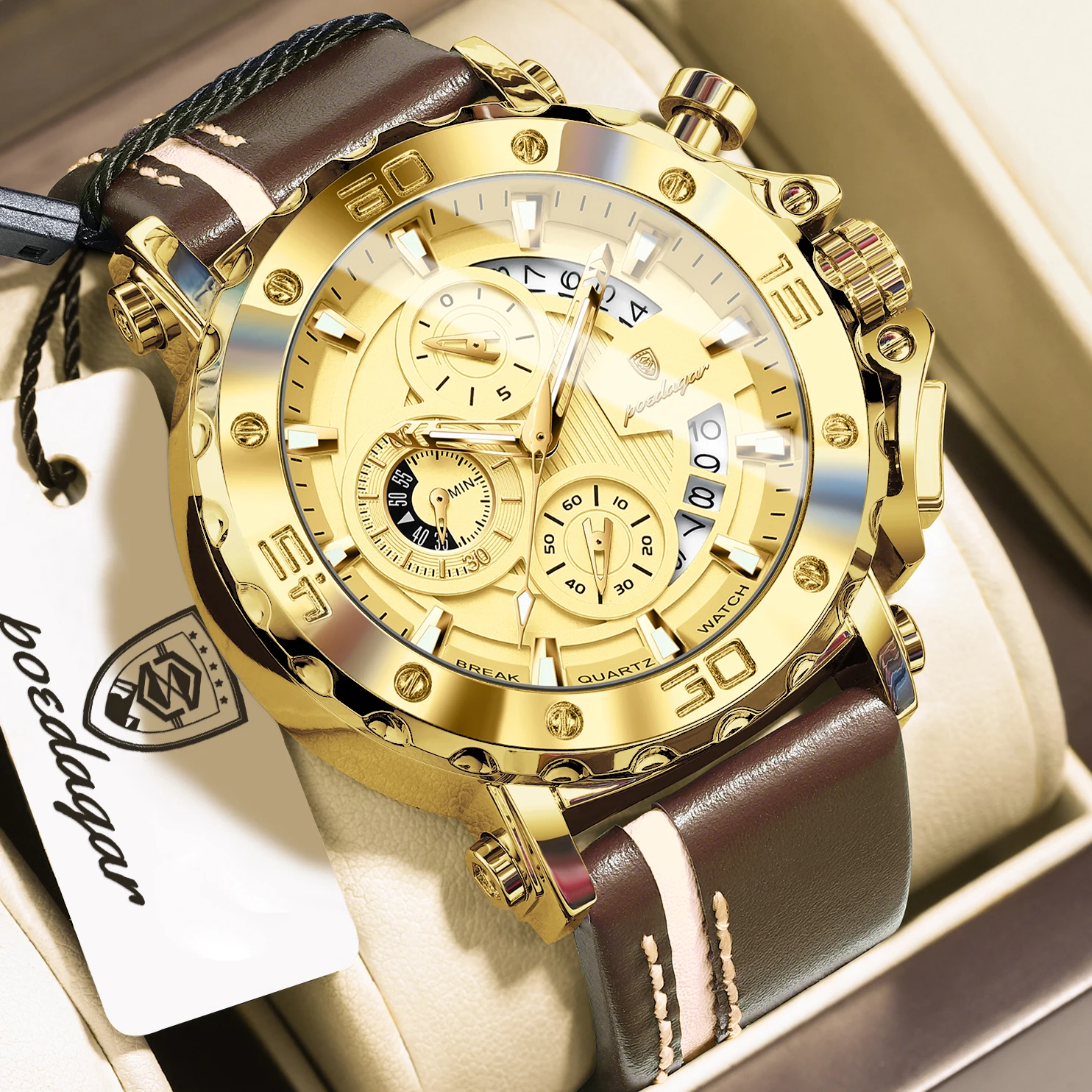 

POEDAGAR Military Man Wristwatch Waterproof Luminous Date Sports Man Clock Chronograph Leather High Quality Quartz Men's Watches