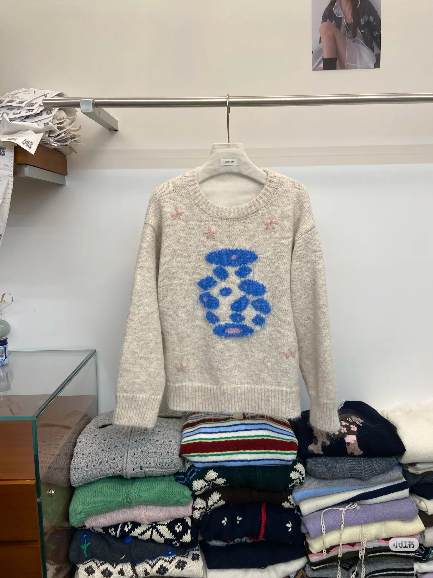 Handmade Soft Cozy Overhead Sweater Dongdaemun Luy Bottle Pattern Knitted Long Sve Plant Floral Warmth Daily Wear for Women