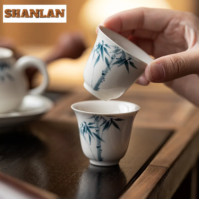 

2pc/lot Hand-painted Blue Bamboo Teacup Aesthetic Tea Bowl Single Cups Tea-tasting Personal Cup Chazhan Master Cups Teaset 40ml