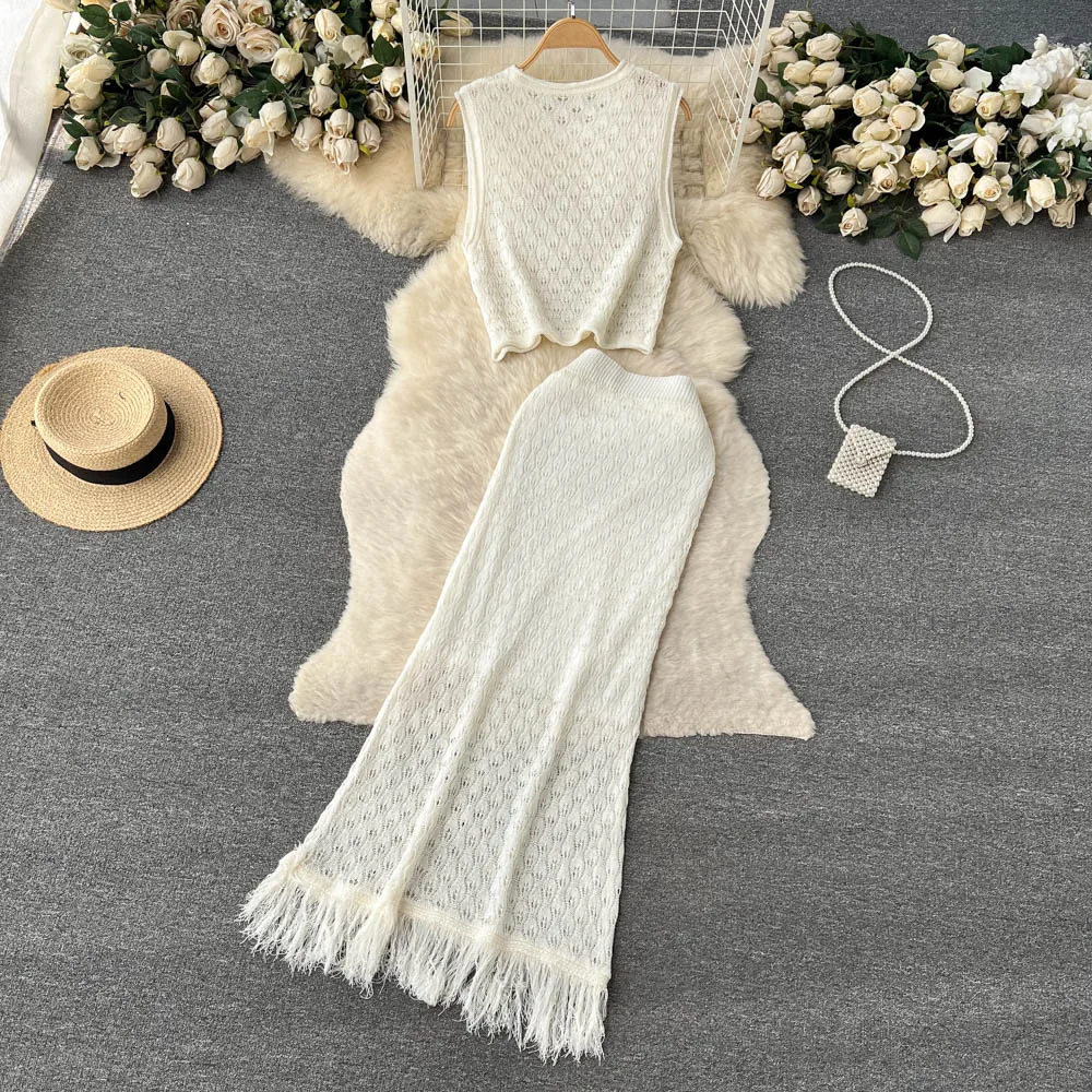 Chic Bohemian Crochet Hollow Two Pieces Sets Sexy Sleeveless Camis Tank Top with Tassel Midi Skirt Beach Vacation Fashion Sets