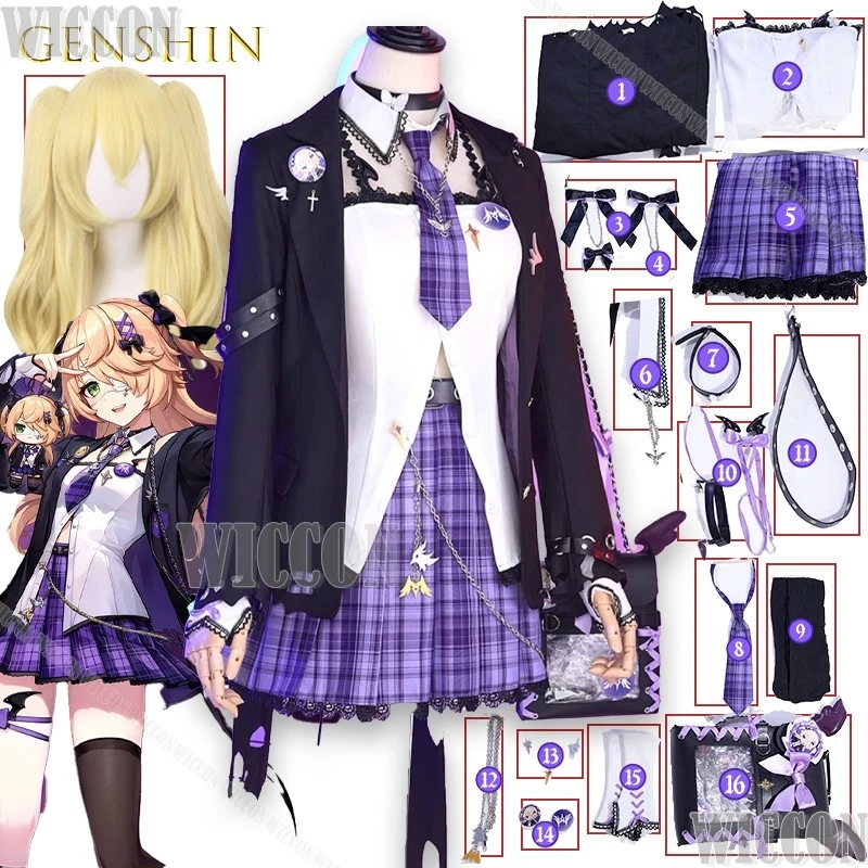 

Genshin Impact Fischl Cafe Dress Cosplay Outfit Gothic Lolita Costume Gloves Stockings Anime Game Character Halloween Christmas