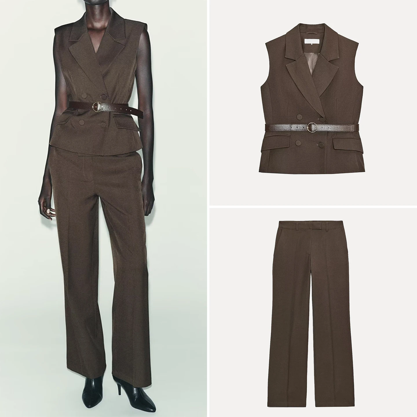 

Women's Faion Belted Vest Straight Leg Pants Two-Piece Set High Waist Casual Sle Autumn Collection Z Brand