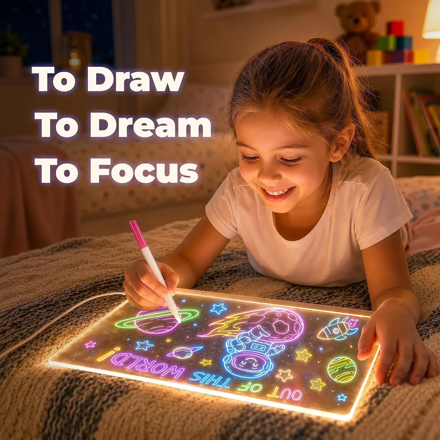 LED Writing Board for Kids with 7 Color Pens USB Powered Reusable Light Up Doodle Board for Learning Notes Drawing Home Gift
