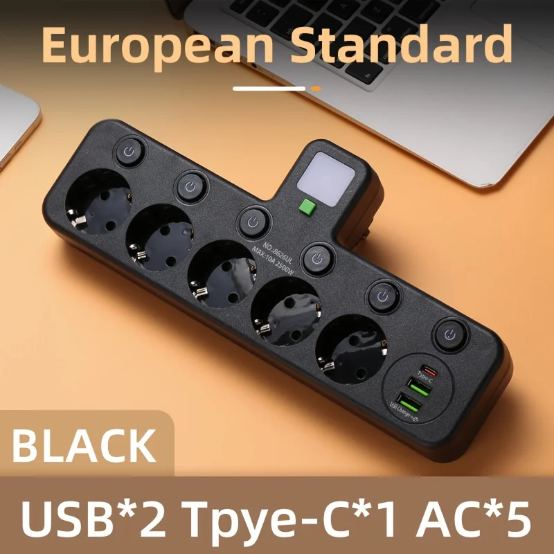 EU Plug Power Strip 5 AC Sockets with 2 USB 1 Type-C Ports No Extension Cord 2500W MAX Power Individual Switch Power Socket Lamp