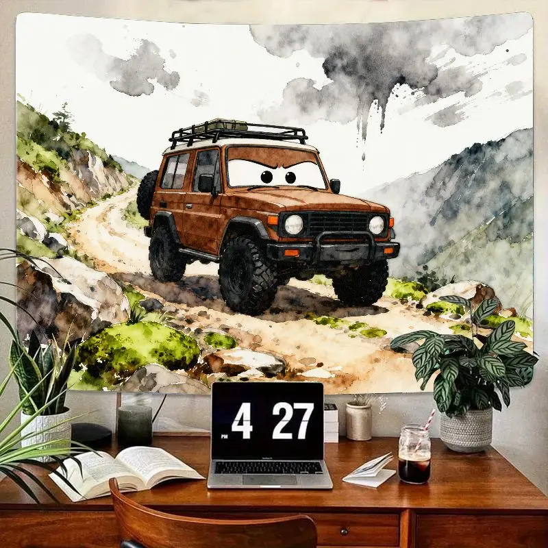 

1PC Cartoon Brown Off-Road Jeep Tapestry, Polyester Wall Art, Watercolor Mountain Adventure Room Decor Gift for Boys