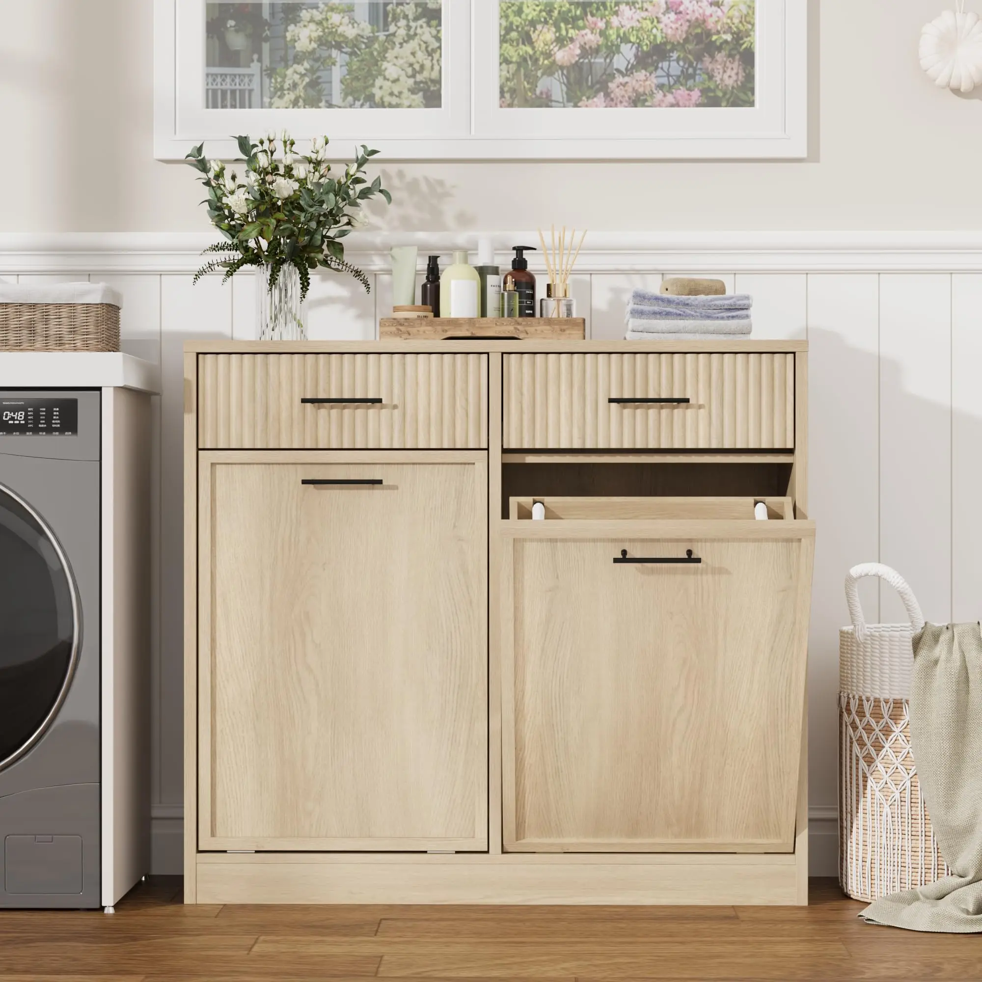 Modern Freestanding Laundry Hamper Cabinet - Single Tilt-Out Design - Hidden Trash Bin Storage - Removable Laundry Basket - Space-Saving Bathroom Organizer - Natural Wood Color