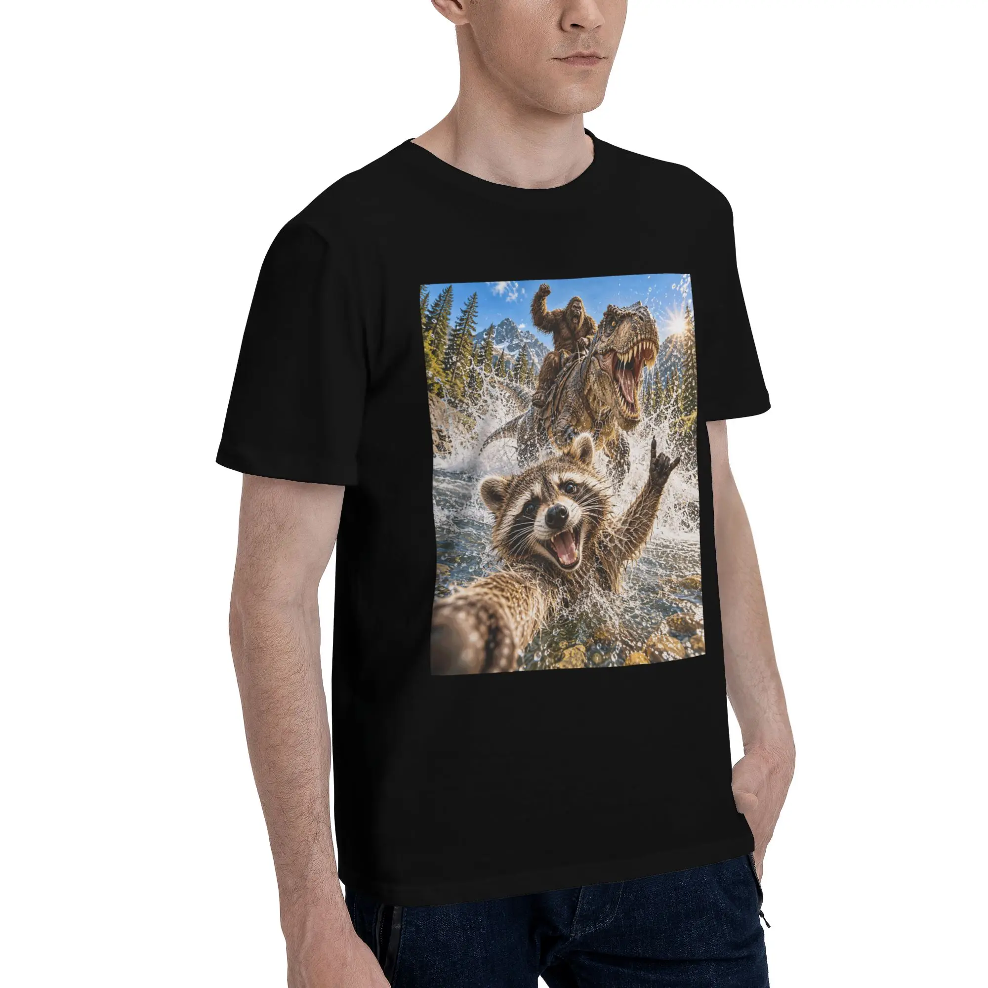 Funny Bigfoot Ride Dinosaur Raccoon Merch Men Women T Shirts Cotton Tee Fashion  T-shirt Clothes