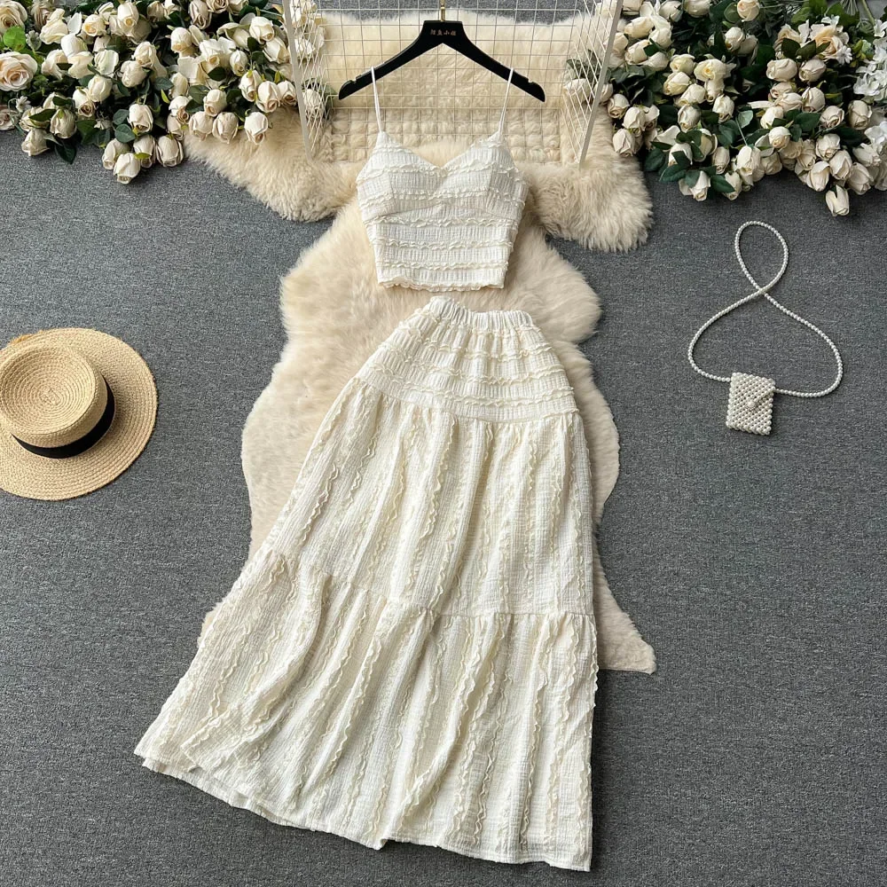 Summer Lace Patchwork Beach Two Pieces Sets Women Sexy Camisole+A Line Long Skirt Fashion Elastic Bohemian Suits