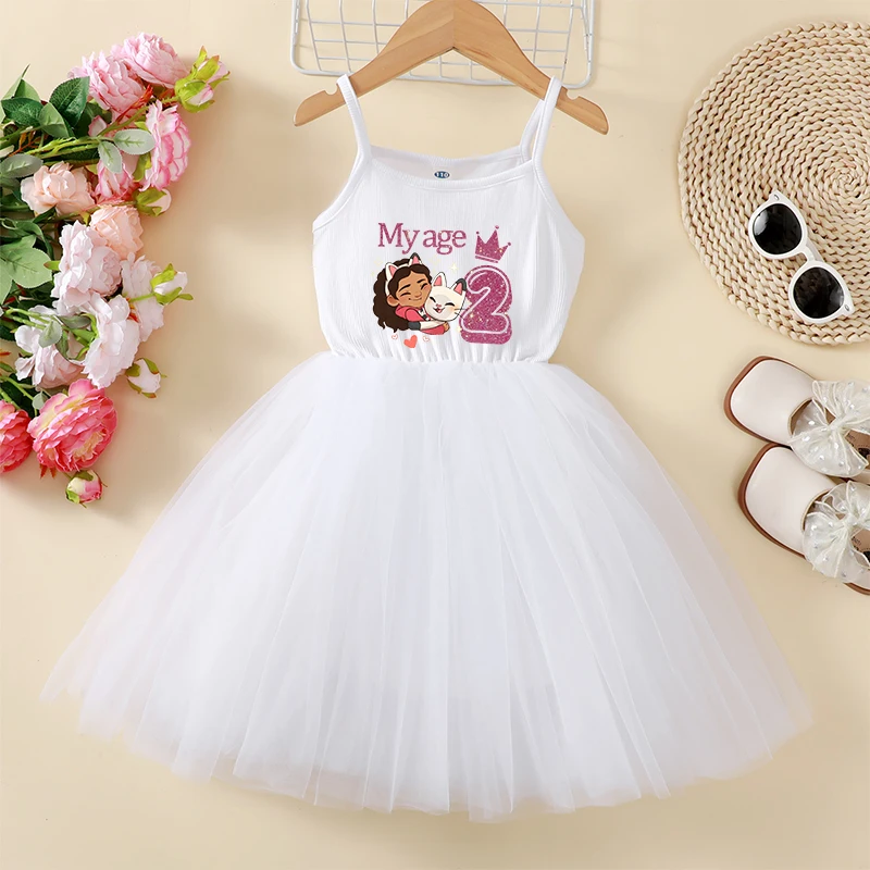 Gabby Dollhouses Girl Princess Skirt Slip Dress Children Summer Dresses Clothing Print Net Yarn Short-Sleeved Pleated Dress Gift