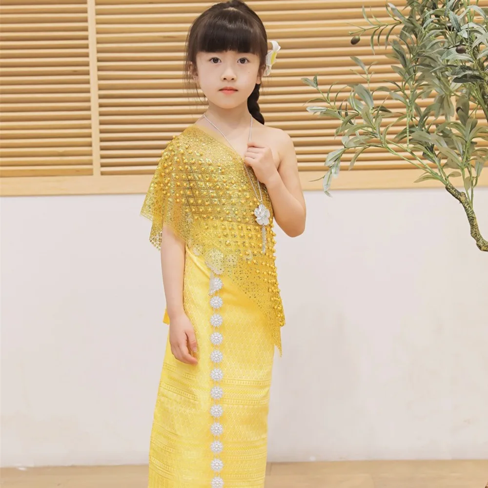 

Thailand Style Dai Festival Costume Long Skirt Gilded Yarn Thai Traditional Costume Waist Chain Skirt Thailand Suit Top Skirt