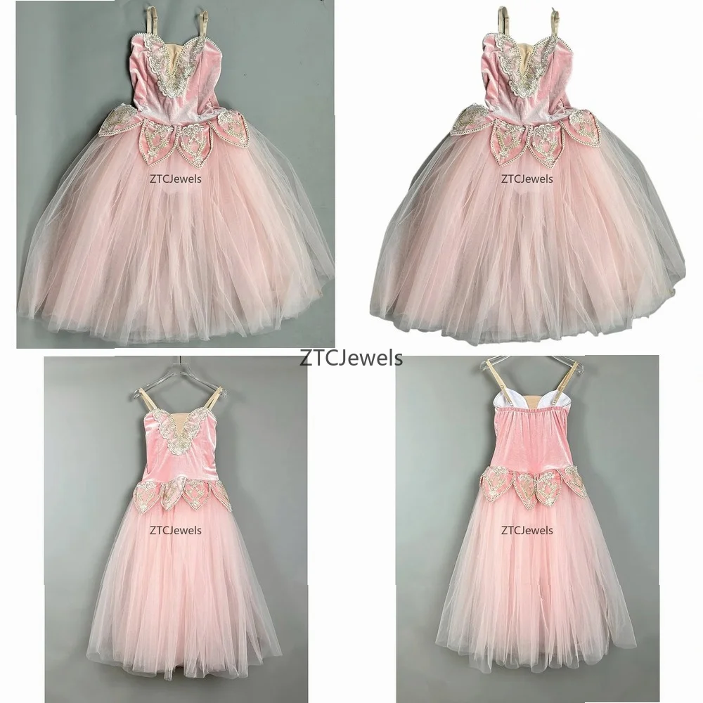 ピンクのロングバレエドレス-女の子用-プロ仕様-ロマンティックチュチュ-スワンダンス-パフォーマンスコスチューム-バレリーナドレス