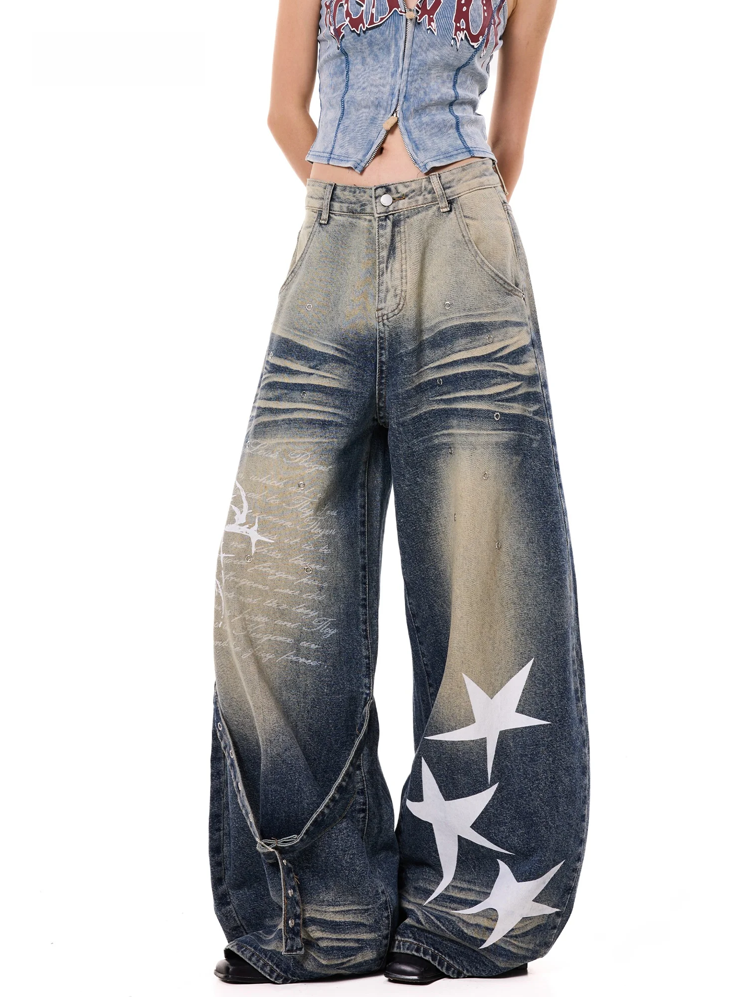 Retro Washed Wide Leg Denim Jeans Women's Autumn 2026 Star Letter Print Belted Loose Fit Long Trousers American Style High Waist
