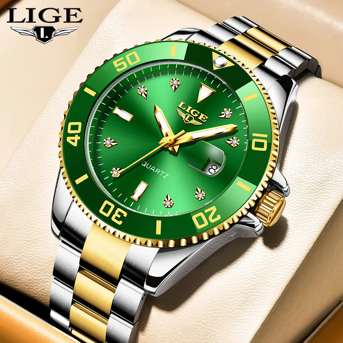 LIGE Man Luxury Watch Diamond Dial Sport Mens Quartz Wristwatch Fashion Waterproof Calendar Business Stainless Steel Men Watches