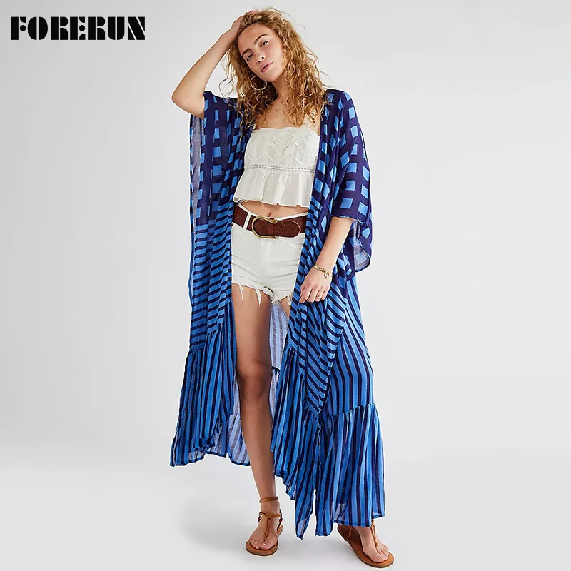 

FORERUN Bohemian Long Kimono Cardigan Women Plaid Stripe Ruffle Cotton Loose Pareo for The Beach Tunic Summer Cover-Ups