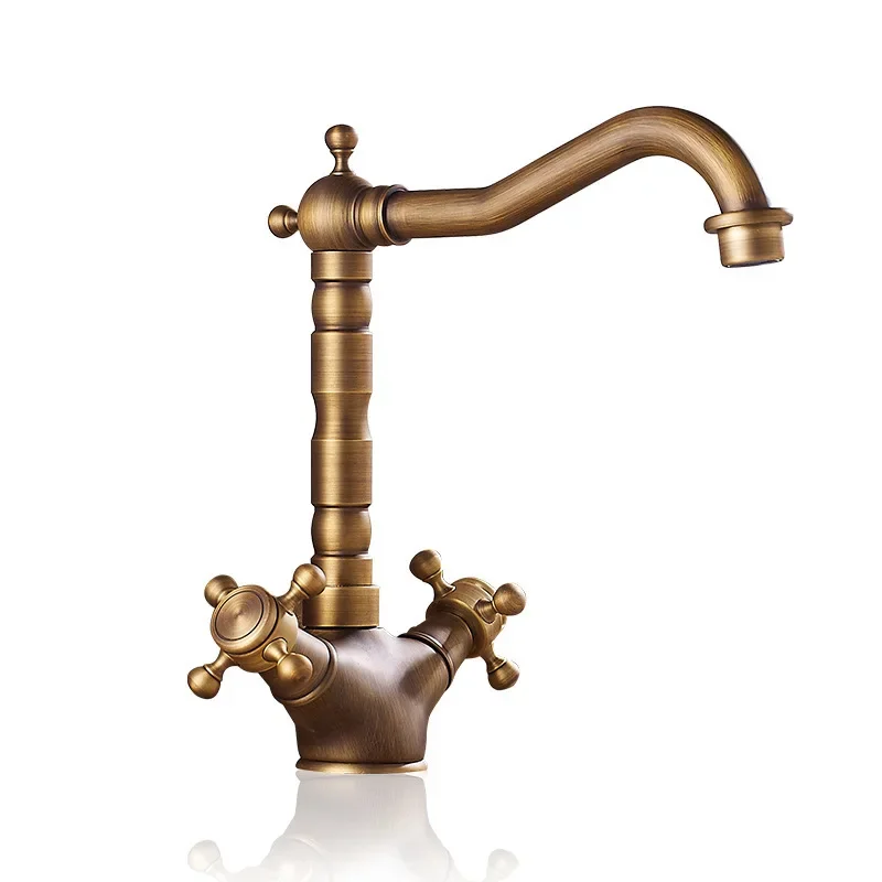 

Brass bathroom gold basin hot and cold faucet retro double handle single hole basin faucet