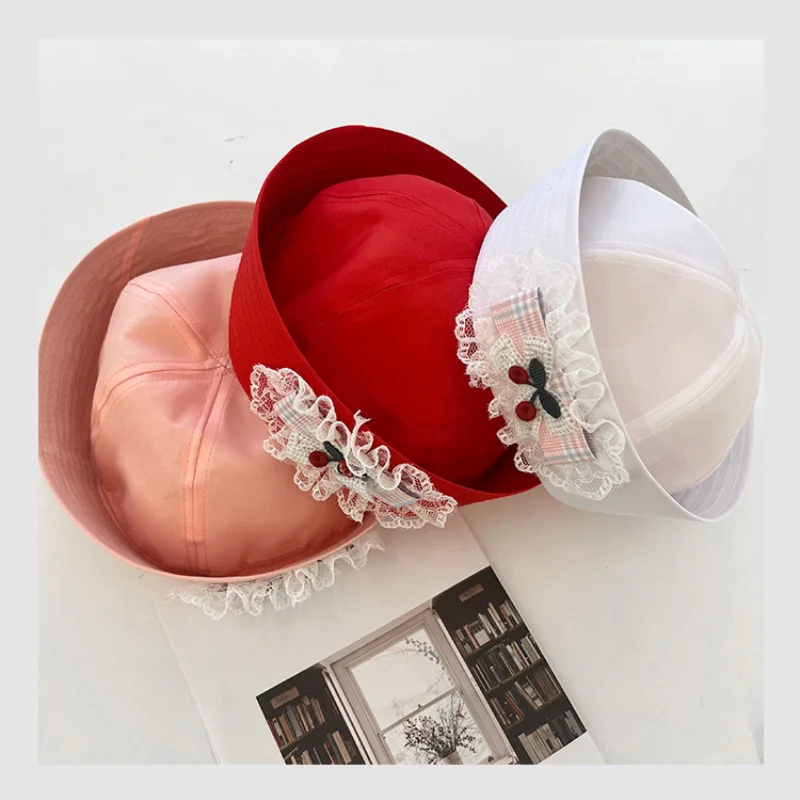 Japanese Cute Spice Girl Style Lace Cherry Berets Caps Y2k Summer and Autumn Thin Sweet Versatile Flipped Brim Sailor Hats Women