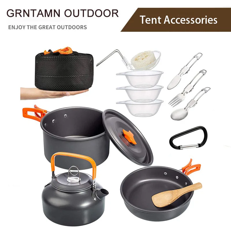 

Outdoor Portable Cooking Set with Tea Kettle and Cookware, Hard Anodized Aluminum