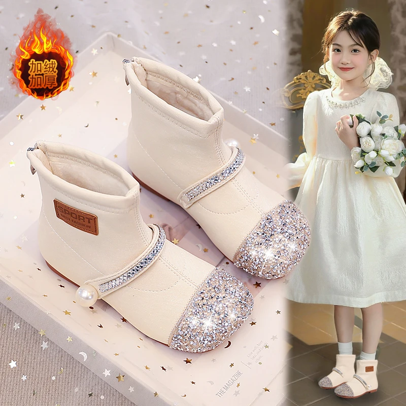 

2025 New Girls Boots Mid Calf Round Toe Glitter Children Rhinestone Bow Boot Princess Party Shoes Dress Kids Winter Snow Boots