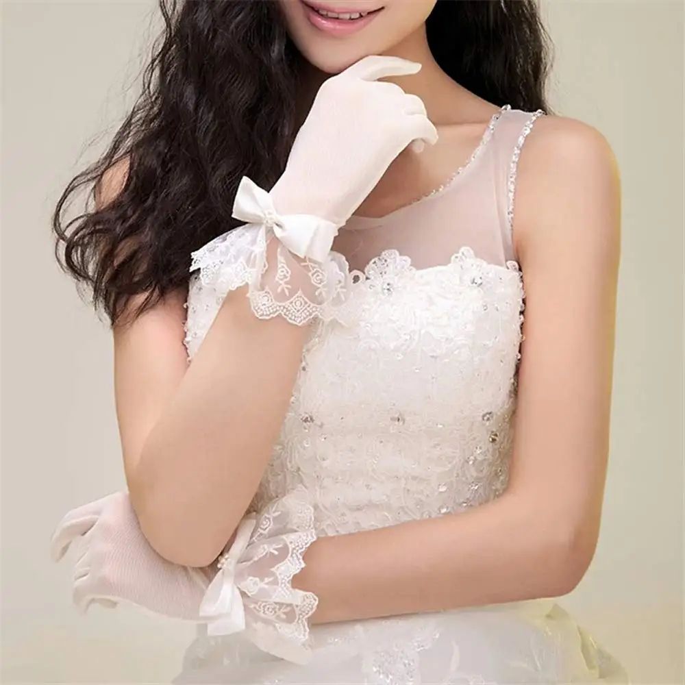 Short Lace Gloves for Women Tea Party Gloves Bow Floral Lace Gloves for Bridal Wedding Elegant Formal Tea Party Dinner