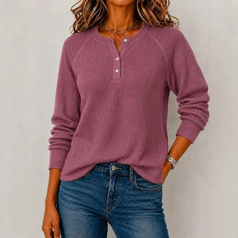 Women Solid Waffle Knit Top Henley Neck Raglan Long Sleeve Casual Blouse