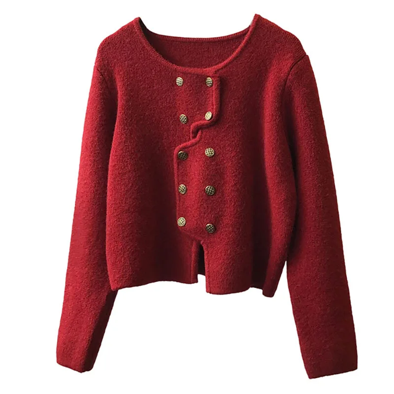 Kardigan rajut elegan Prancis, mantel Sweater kancing dua baris, desain sederhana tekstur kelas atas musim gugur dan dingin