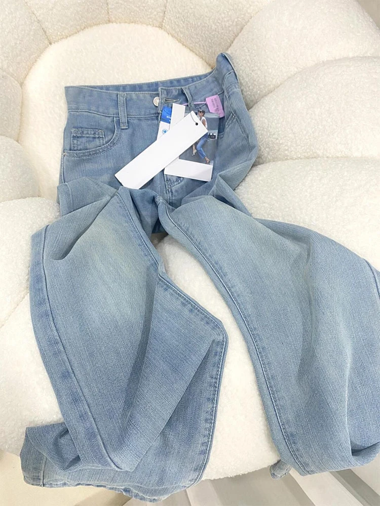 

Women's Soft Blue Straight Leg Jeans High Waist Loose Fit Summer Thin Fabric Comfortable Floor Length Denim Pants