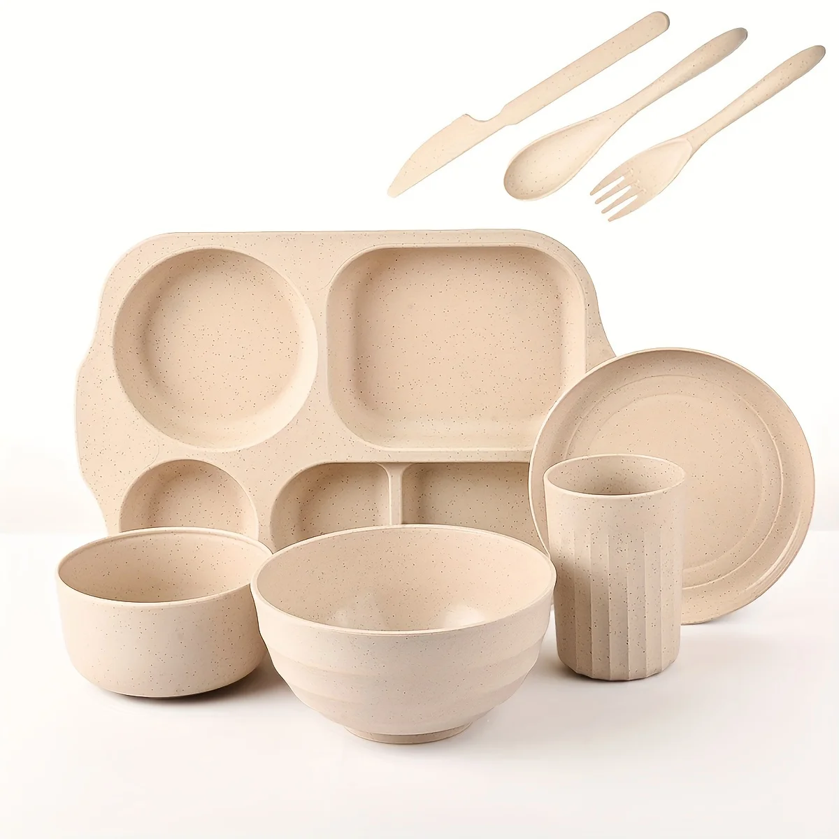 8Pcs Wheat straw  of bowls dishes plate spoons chopsticks tableware set Reusable plastic tableware that is not easily broken