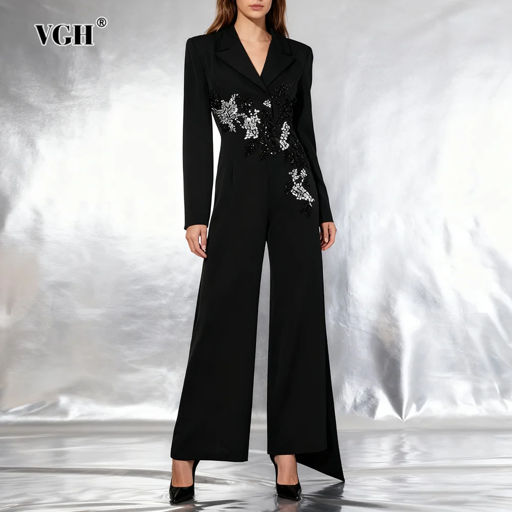 

VGH утягивающие темпераментные однотонные комбинезоны с вышивкой для женщин, брюки с v-образным вырезом и длинными рукавами и высокой талией, шикарный комбинезон, женская мода