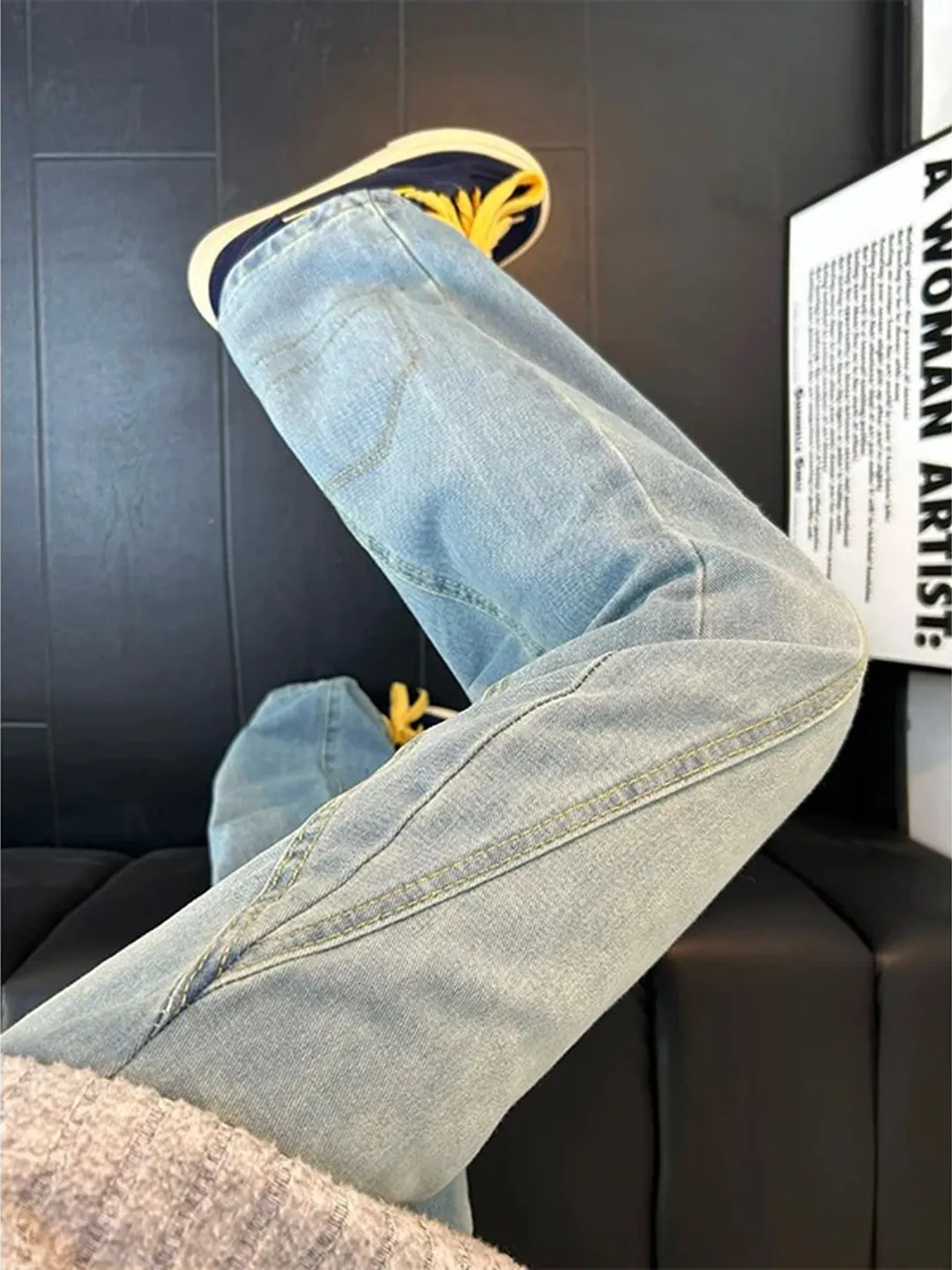 

Мужские джинсы American High Street Blue Knife: зимняя коллекция, модный дизайн, свободный крой, расклешенные брюки, прямые джинсы