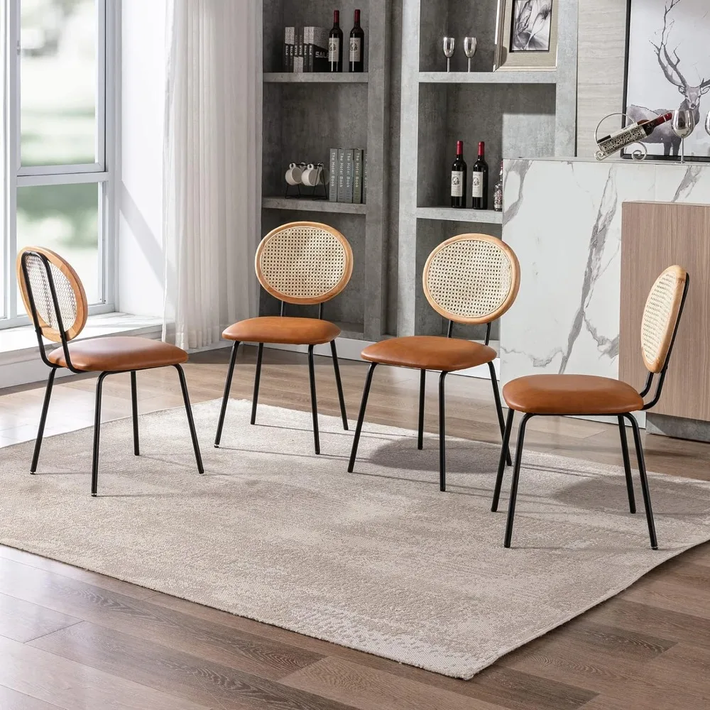 

Upholstered Back Cane Room Side, 18" Jaxsen Faux Leather Indoor Kitchen Dining Chairs Set of 4 with Rattan Backrest