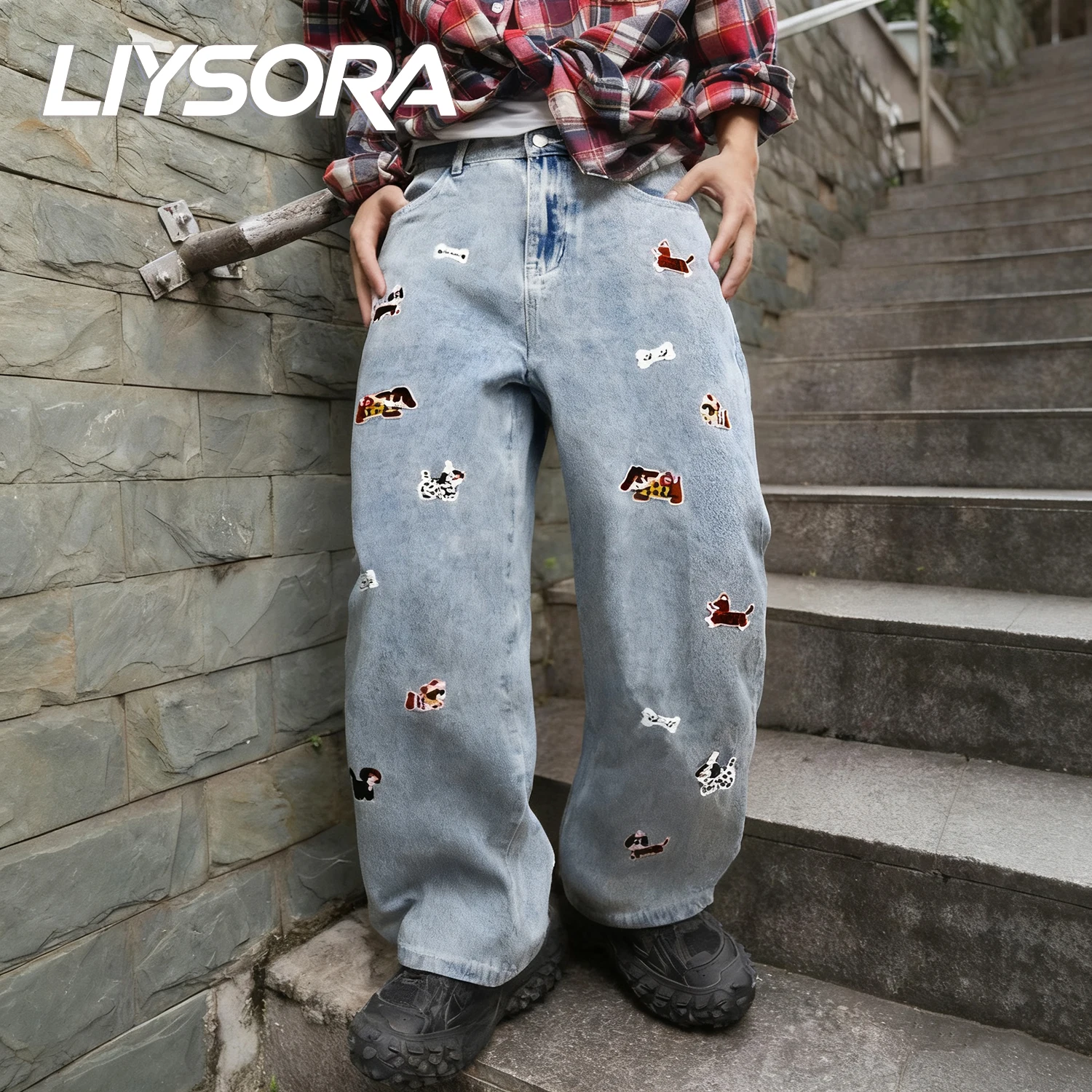 Ropa Y2K para hombre, pantalones vaqueros de pierna ancha informales holgados azules de Corea, pantalones vaqueros de pierna recta con perro de dibujos animados bordados Unisex para uso diario en la calle