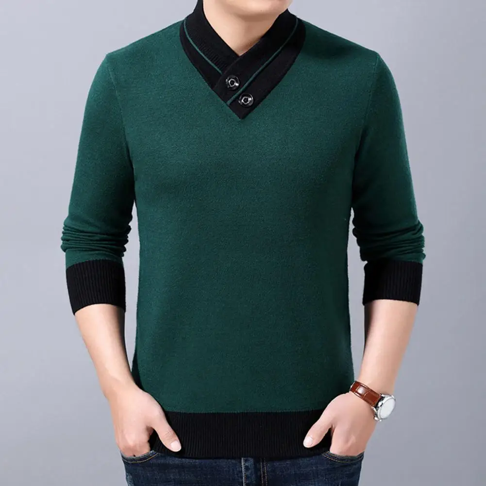 Men Sweater V Neck Knitted Contrast Colors Loose Spring Warm Button Turtleneck Business Sweater for Office Men's Clothing