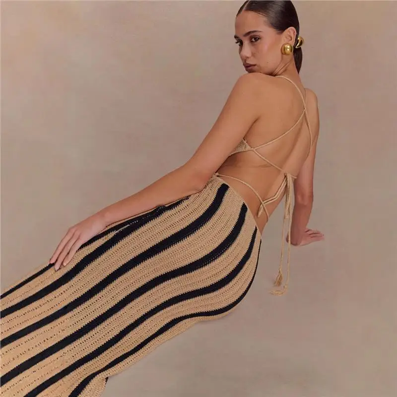 Sexy Bal Striped Long Dr Women's Faion Design Belted Crossbody Skirt High Waist Bodycon Gown for Ci Walk