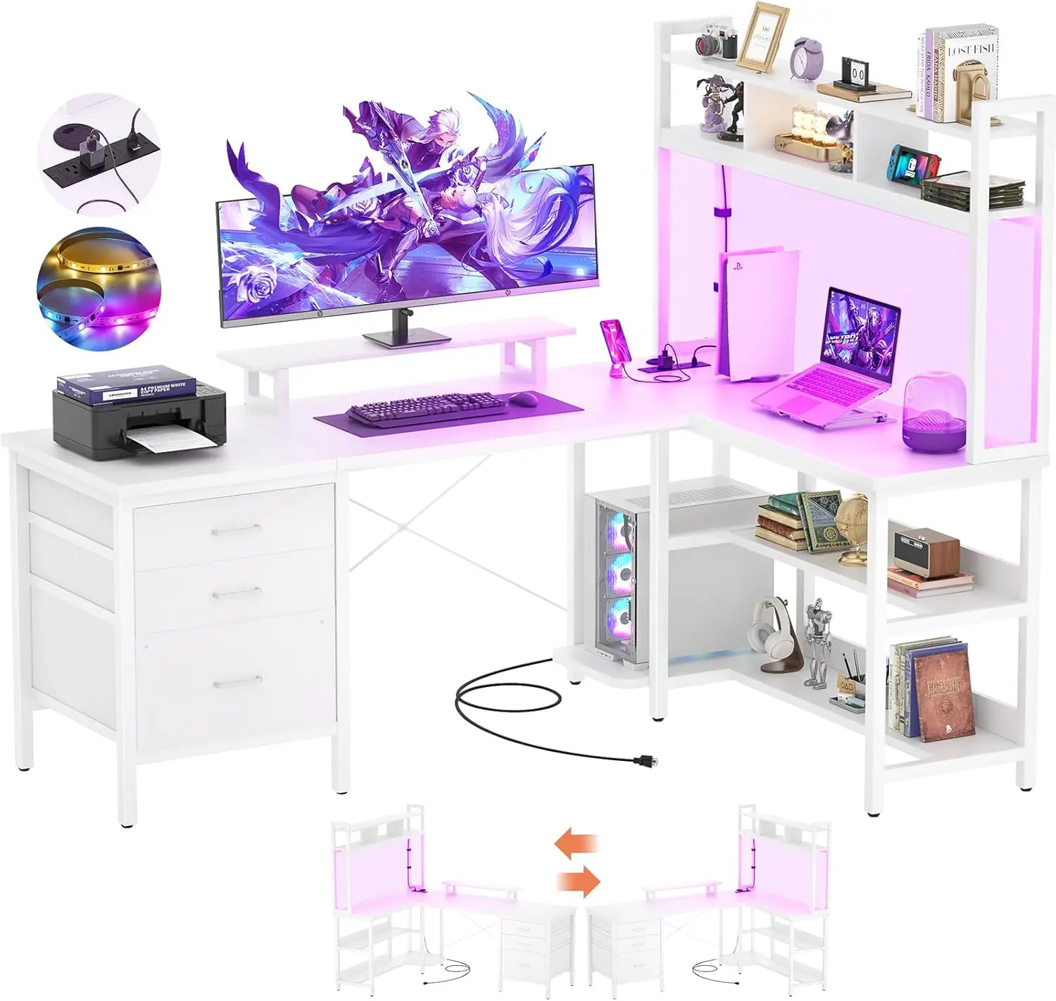 Aheaplus L Shaped Desk with Hutch, Gaming with Led Lights, Reversible Computer with Power Outlet, Corner with