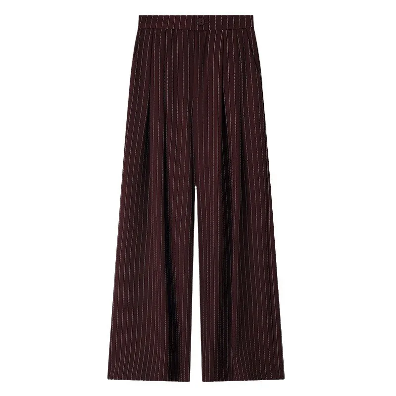 2025 Autumn Korean women's design sense loose slimming high-waisted straight-leg drape casual pants; striped suit wide-leg