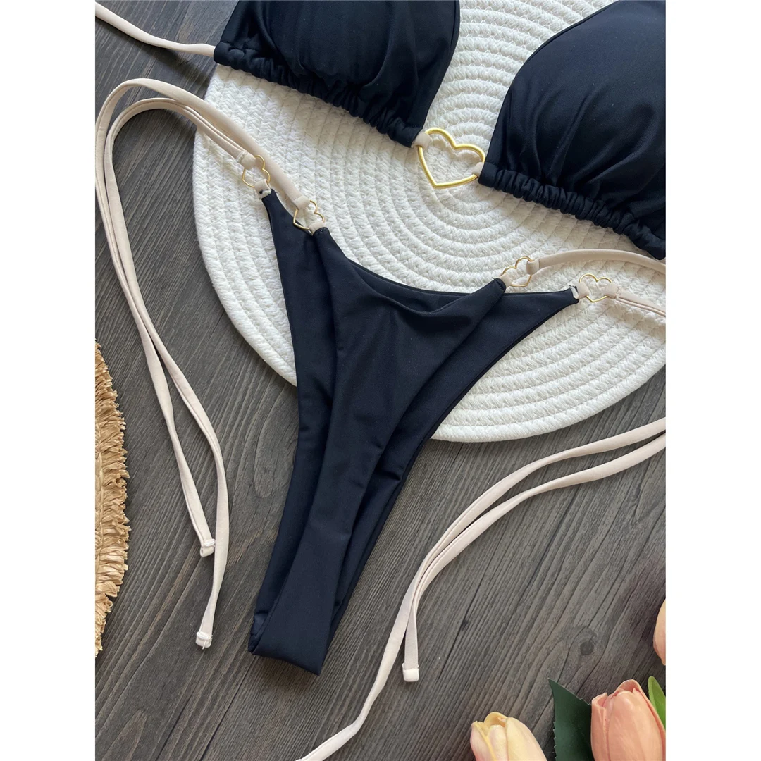Halter Metall Herzförmiger Mini-Tanga-Bikini Damen-Badeanzug Zweiteiliger Bikini-Set Badebekleidung Badeanzug Schwimmen V6039 – Detail 29