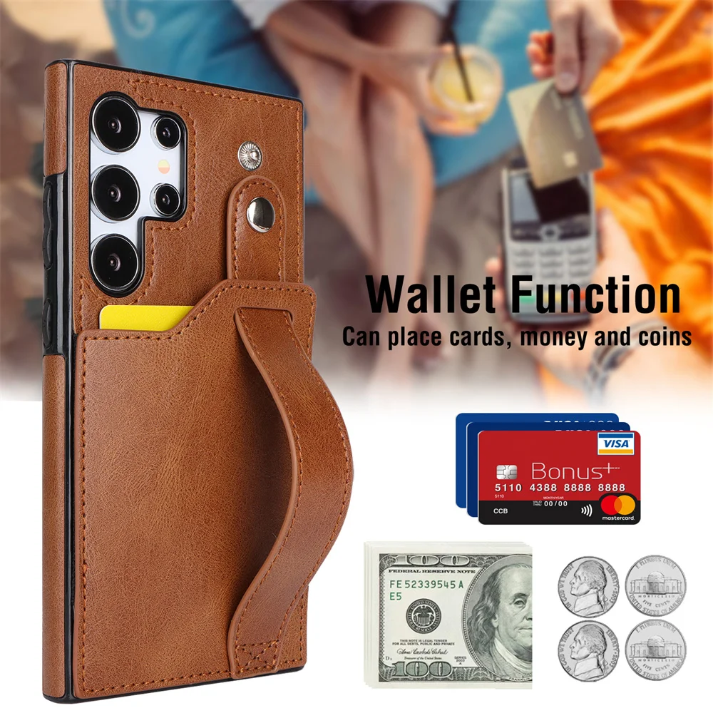 Portable Wristband Leather Case for Galaxy S25 Ultra S20 S22 S24 Plus S21 S23 FE S25 Edge RFID Blocking Card Holder Back Cover
