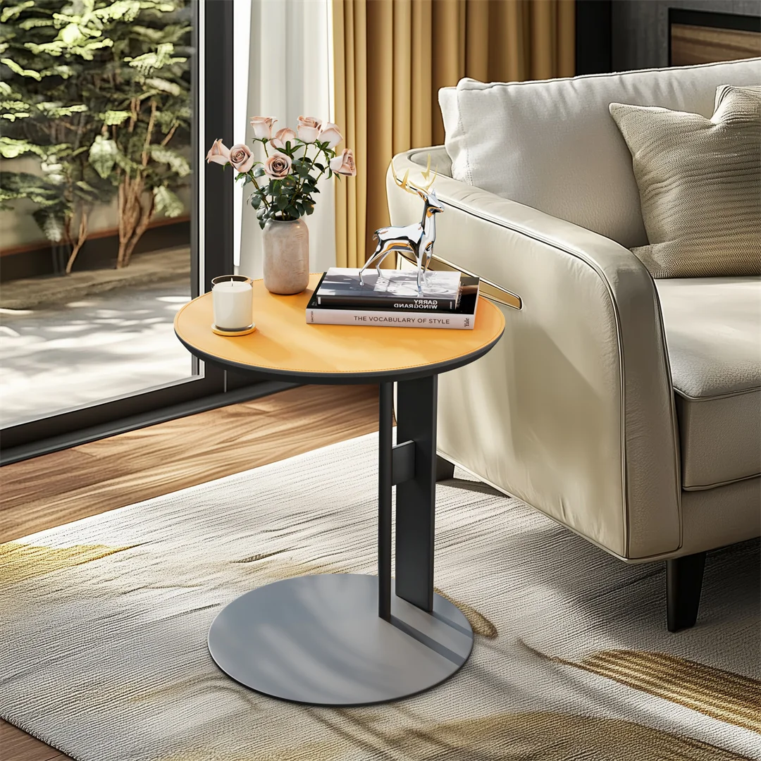 LUVODI C-Shaped Side Table Retro Couch End Table with Saddle Leather Tabletop for Living Room