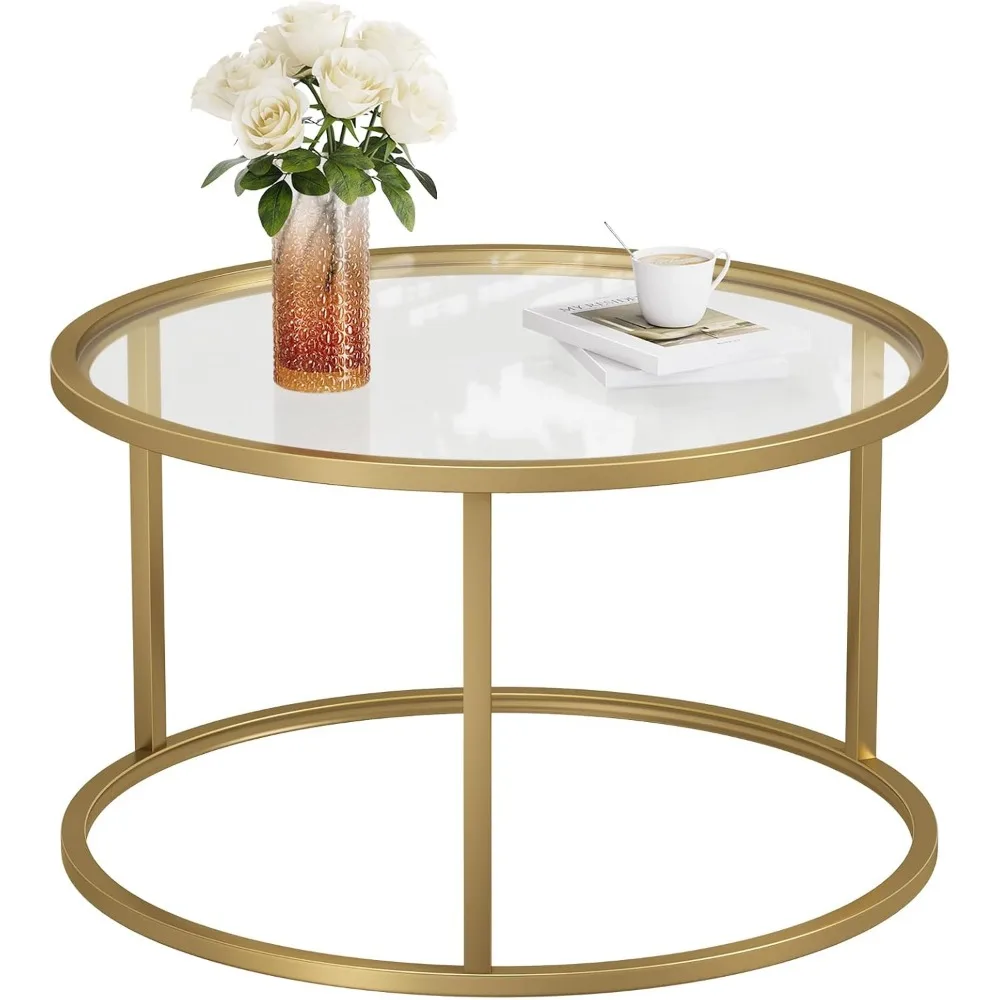 Runder Couchtisch aus Glas mit goldenem Rahmen für kleine Räume, moderner, minimalistischer Mitteltisch für Wohnzimmer oder Büro, einfache Montage