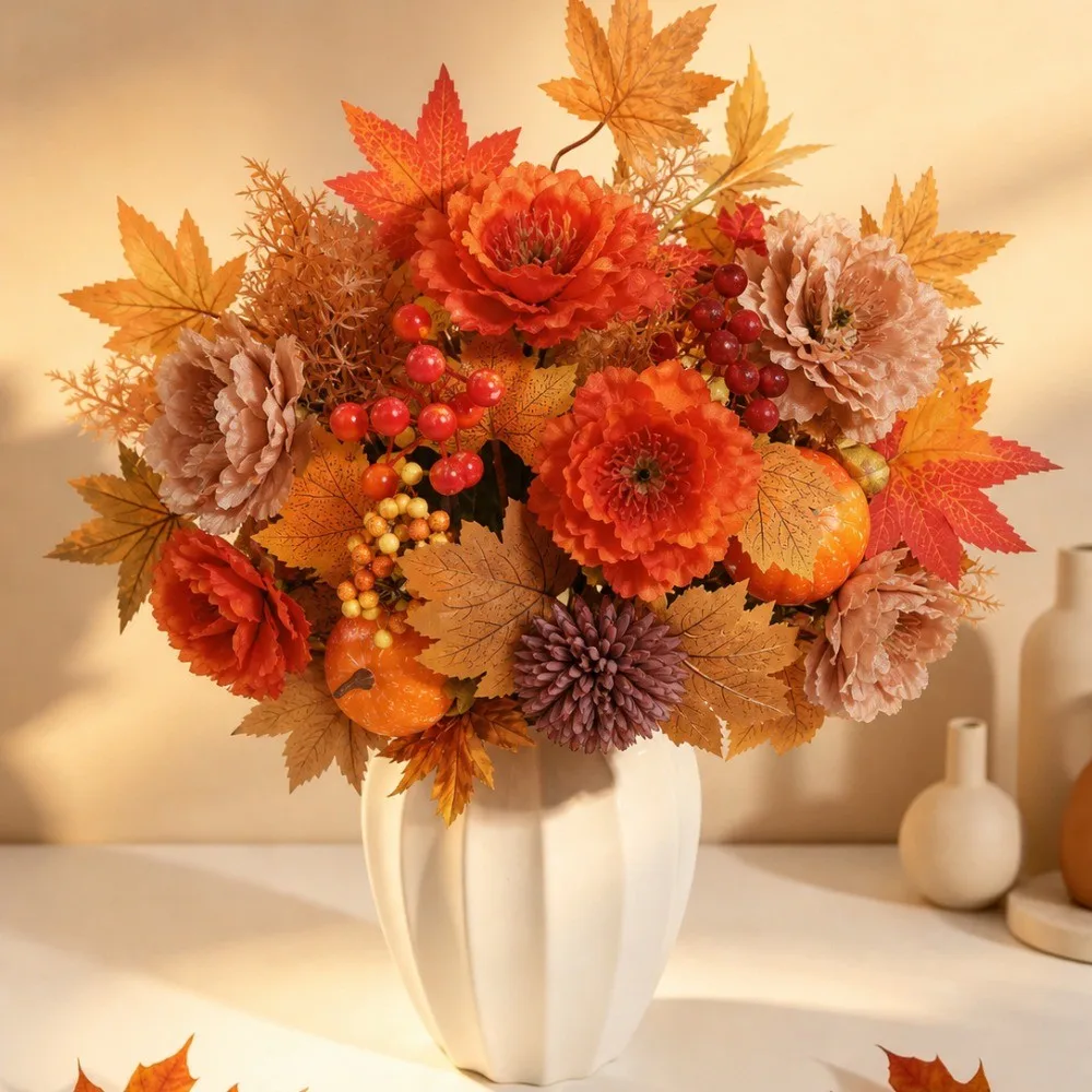 Autumn Artificial Flowers Bouquet Silk Maple Leaf Berry Pumpkin Fake Plant Thanksgiving Halloween Home Decor 2026 Party Supplies