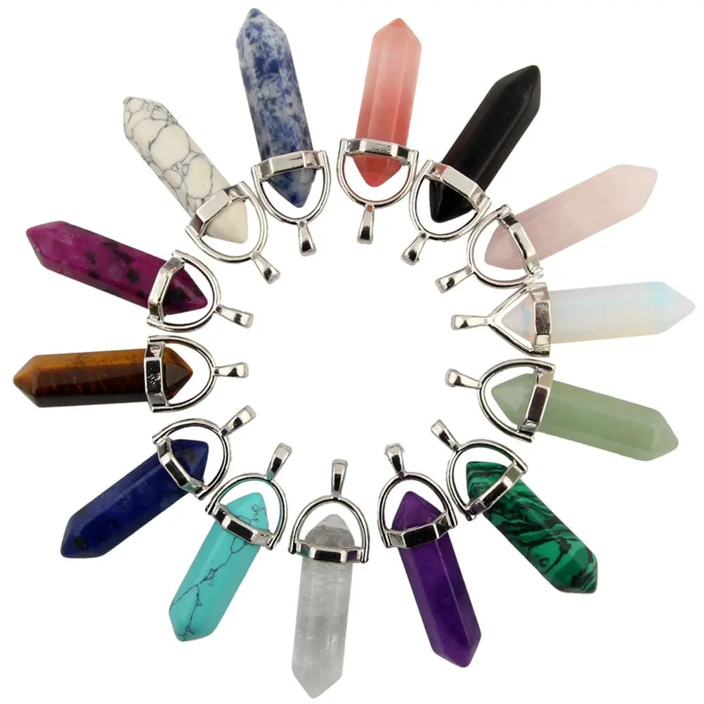 Mutilcolor 10pcs Bullet Shape Healing Pointed Chakra Pendants Sugilite Quartz Stone Charm Randow Color for Necklace Making