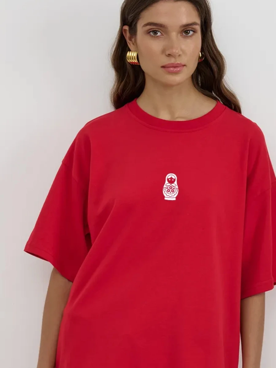 تي شيرت نسائي عصري فضفاض بأكمام قصيرة مطبوع من القطن المريح برقبة مستديرة يمتص العرق مناسب للصيف