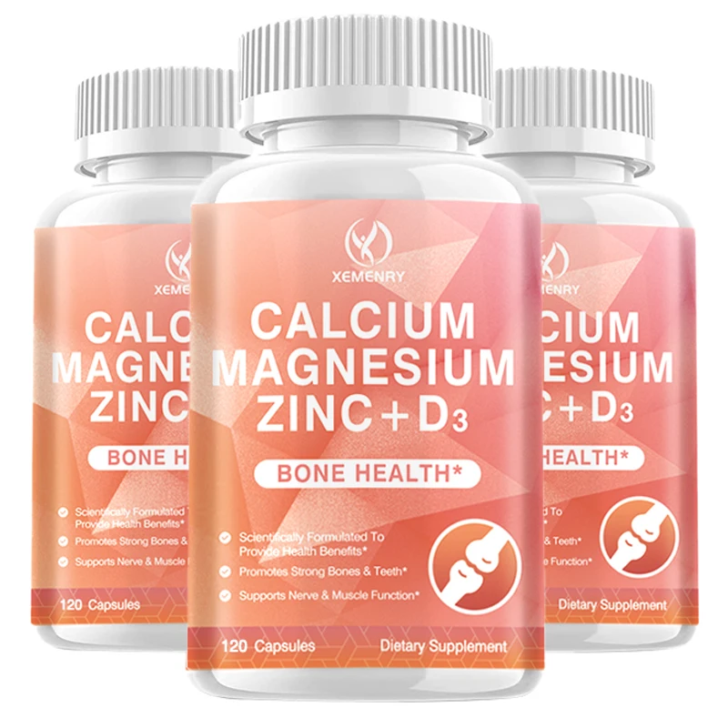 

Calcium + Magnesium + Zinc + Vitamin D3 Capsules - for Strong Bones & Nervous System Health & Cell Growth, Improves Mood