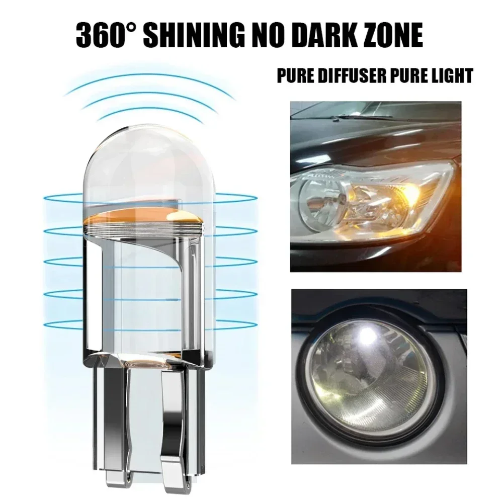 10PCS T10 DC 12V Car LED Light Canbus Glass COB 6000k Reading Dome Lamp Marker Wedge License Plate Light Bulb