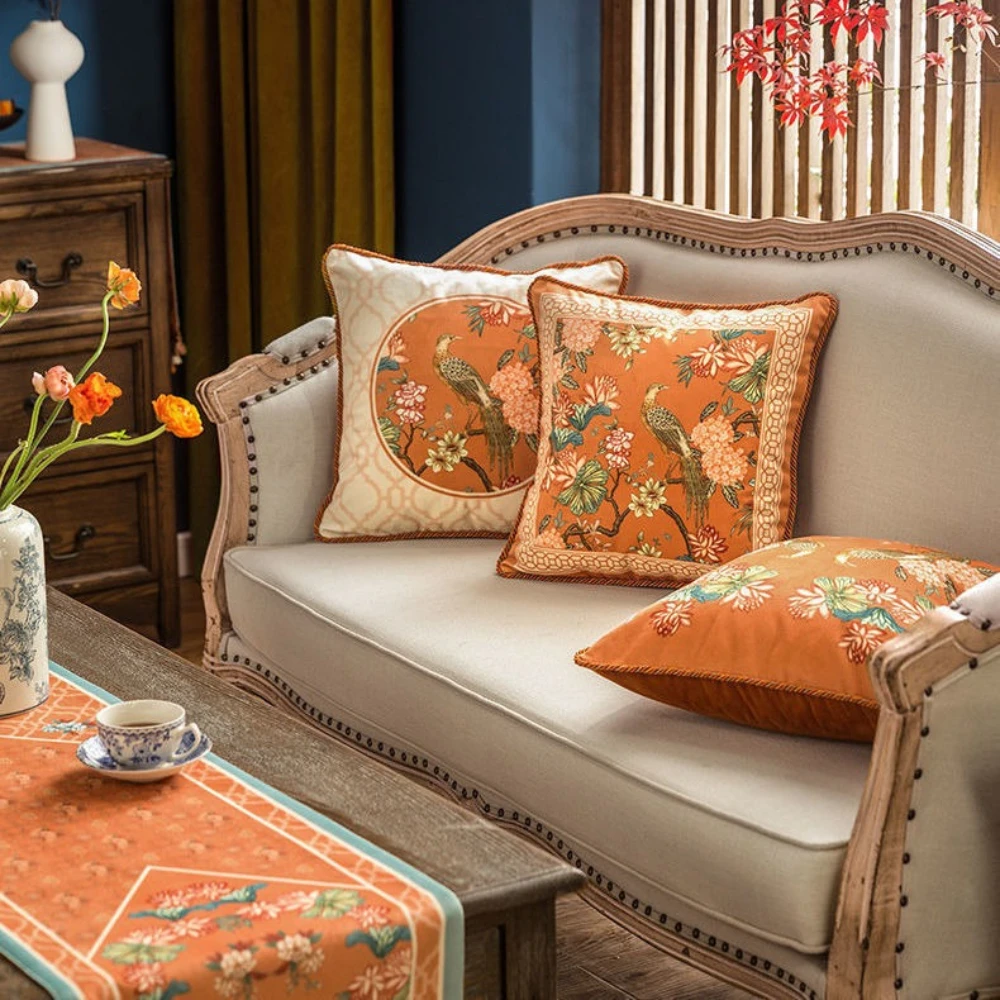New Chinese-style Flower and Bird Illustration Style Sofa Cushions for Living Room, Thick Bed Head Soft Padding Backrests