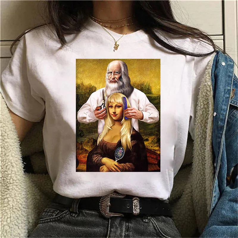 Funny Mona Lisa Print T-shirt Women\'s Humourous Graphic T Shirts Vintage Harajuku Tees Crop Top with Short Sleeve Female Blous