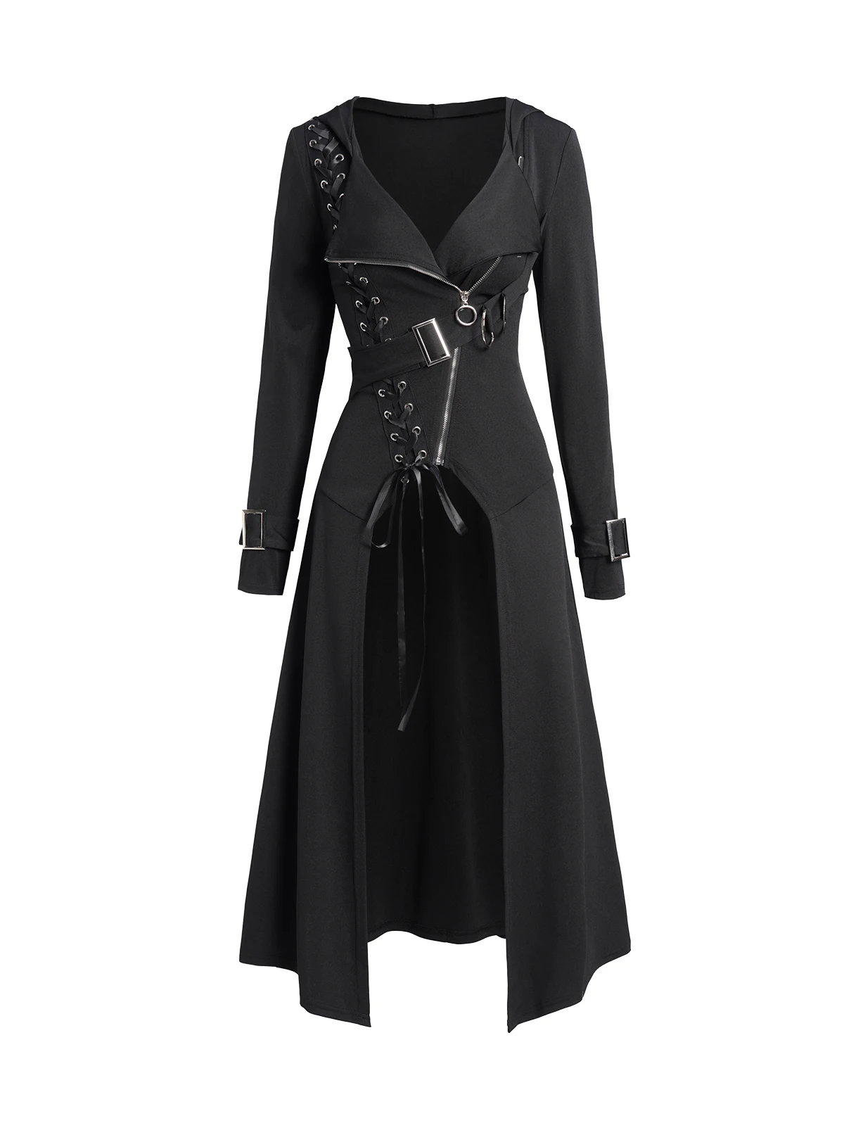 Fall New Punk Gothic Hooded Coat Plain Color Lace Up Zip Overcoat For Women Long Sleeve Trench Longline Outwear тренч женский