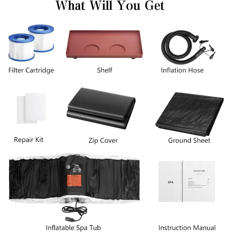 حوض استحمام ساخن قابل للنفخ بيضاوي محمول لشخصين مع 90 طائرة فقاعية، غطاء، خراطيش فلتر، مضخة، أسود