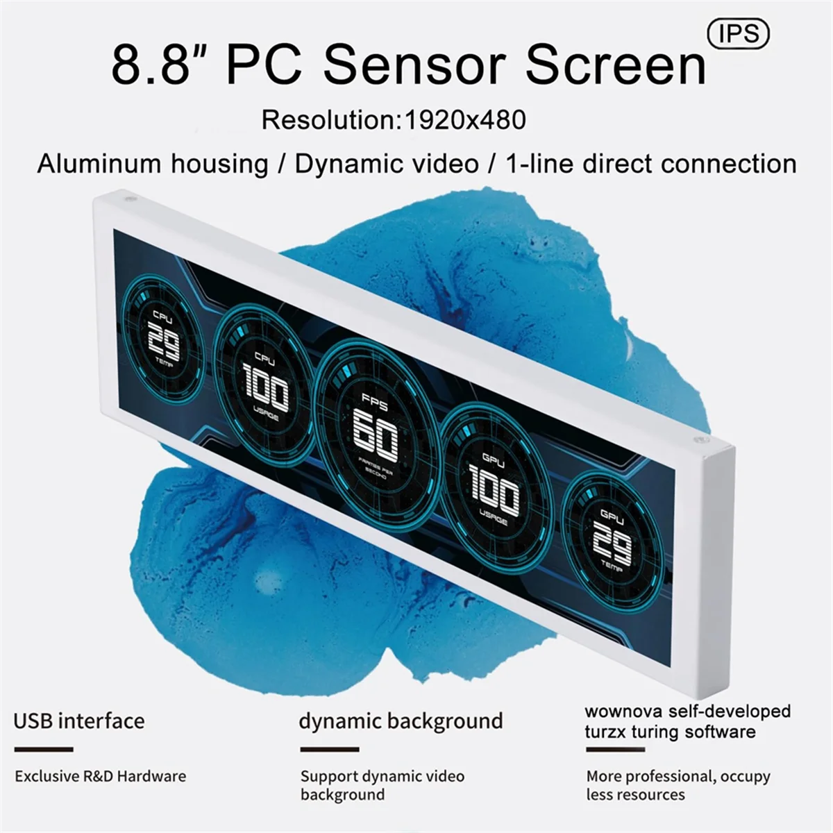 SWXF 8.8inch Computer Temp Monitor (Dynamic Theme Supported), IPS Type C Secondary Screen CPU RAM HDD Data FPS Monitor White